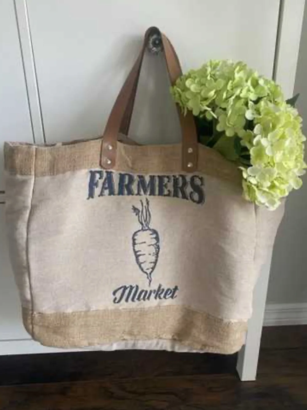 Rustic Farmers Market Burlap/Canvas Tote Bag Leather Straps. Has Dividers Inside